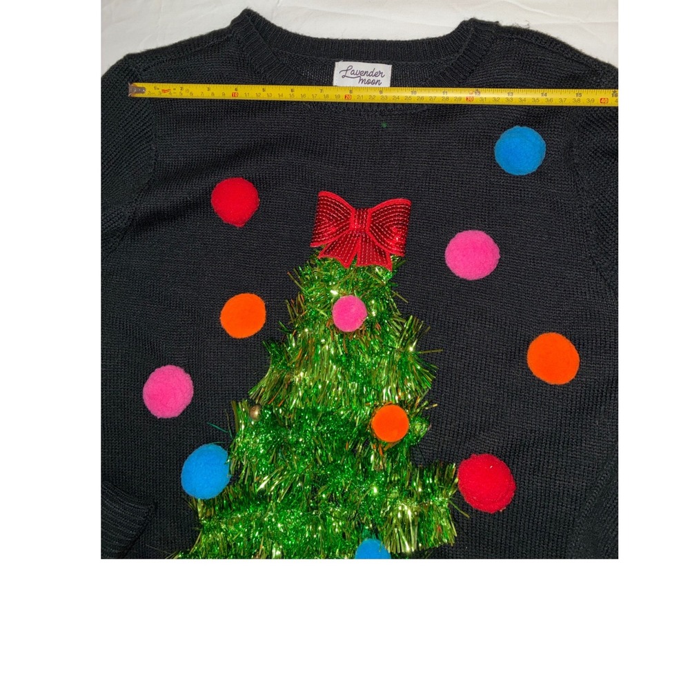 Lavender Moon Womens Black Tinsel Christmas Tree Sweater Poms Sequin Bow M READ - Picture 6 of 10